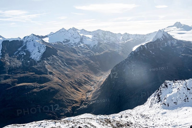 Mountain panorama with summit Hinterer Seelenkogel, mountain valley Langtal with mountain stream Langtalerbach in autumn, atmospheric morning light, Ötztal Alps, Tyrol, Austria, Europe