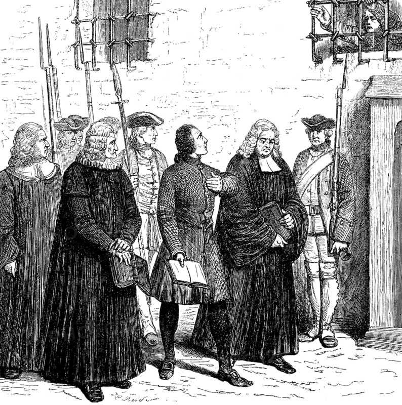 Von Katte, lieutenant in the Prussian army, escape helper of Crown Prince Friedrich, is led to his death, clergymen, soldiers, rifles, prison, Prussian history, historical illustration 1882