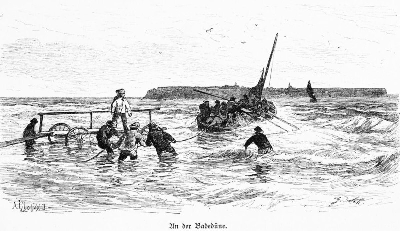Bathers leaving the dune, offshore island of Heligoland, Schleswig-Holstein, North Sea, trolley, rowing boat, helper, heavy swell, Germany, historical illustration 1880, Europe