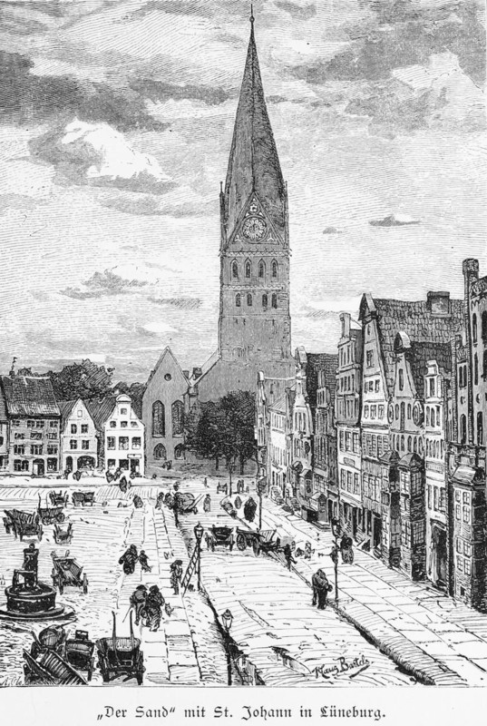 Square The Sand with St. John's Church, Lüneburg, Lower Saxony, Germany, church tower, clock tower, gabled houses, old town, market, cart, people, historical illustration 1880, Europe