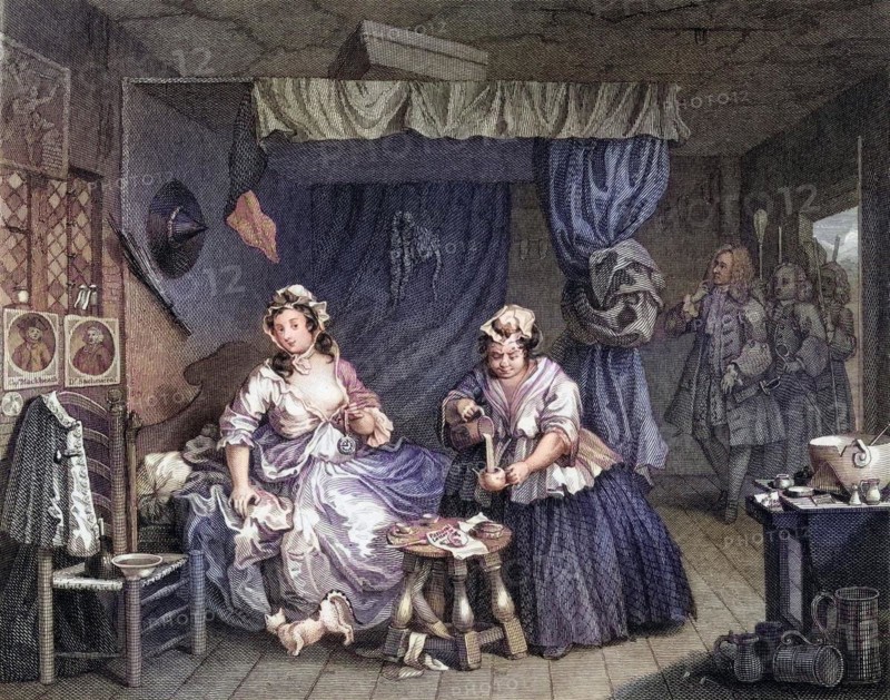 The Harlots Progress Apprehended by a magistrate From the original picture by Hogarth from The Works of Hogarth published London 1833, Historisch, digital restaurierte Reproduktion von einer Vorlage aus dem 19. Jahrhundert, Record date not stated