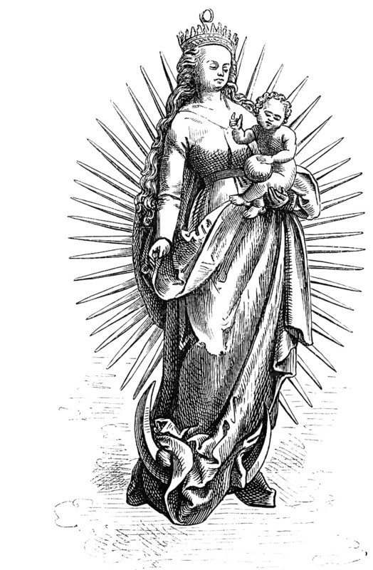 Holy Mary, Mother of Jesus, woodcarver Hans Brügggemann, Brüggemann Altar, Schleswig Cathedral, crown, rays, Schleswig-Holstein, Germany, istorical illustration 1880, Europe