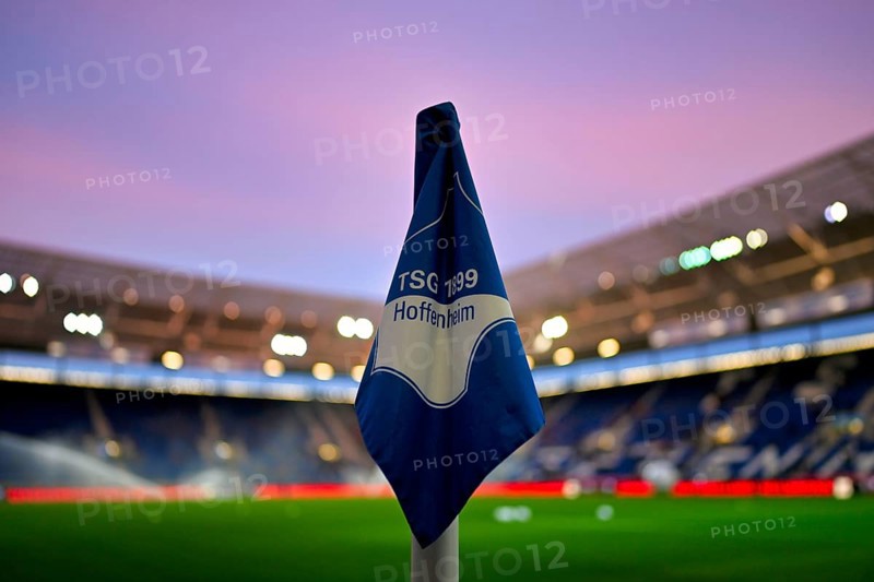 Corner flag with logo TSG 1899 Hoffenheim, interior, overview, evening atmosphere, blue hour, PreZero Arena, Sinsheim, Baden-Württemberg, Germany, Europe