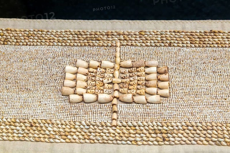 Funeral rug made from shells and seeds, Calakmul, Mayan archaeological museum, Fort San Jose, Campeche, Mexico, Central America