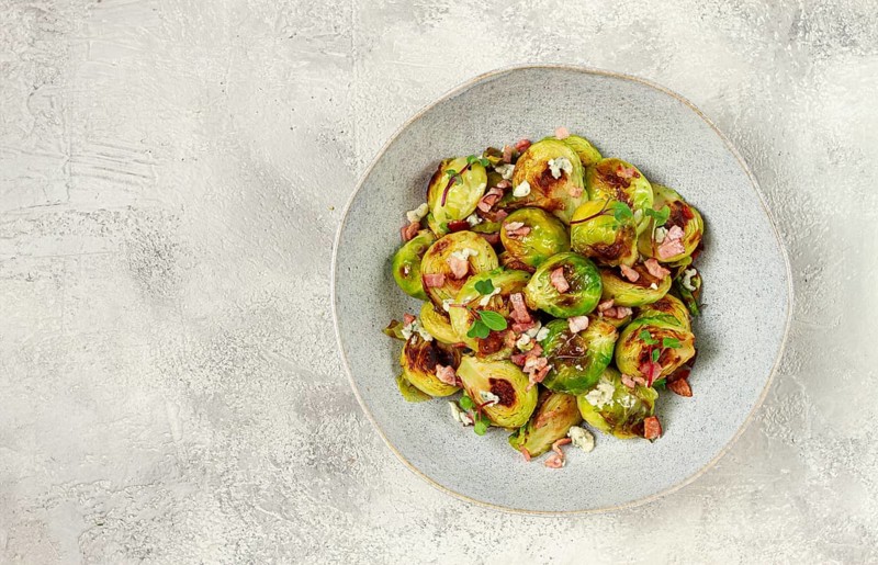 Roasted brussels sprouts, with bacon, vegetarian food, homemade, no people