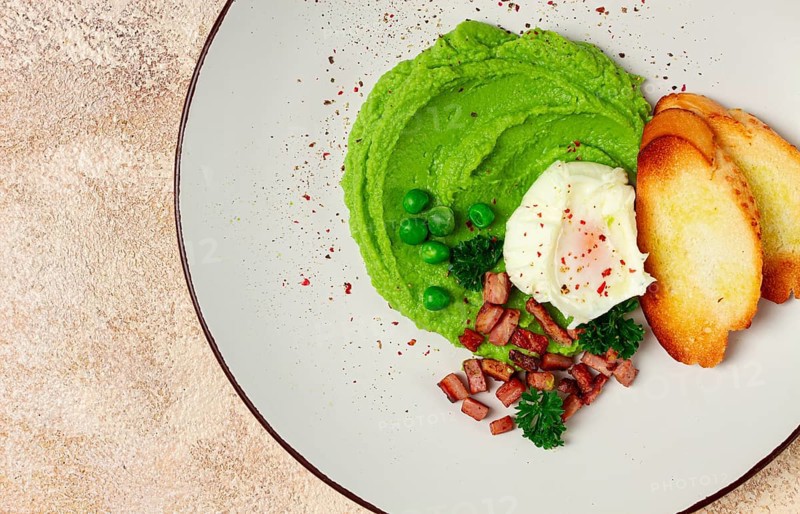 Mashed peas, with boiled egg, fried bacon, toast, baguette, breakfast, homemade, no people