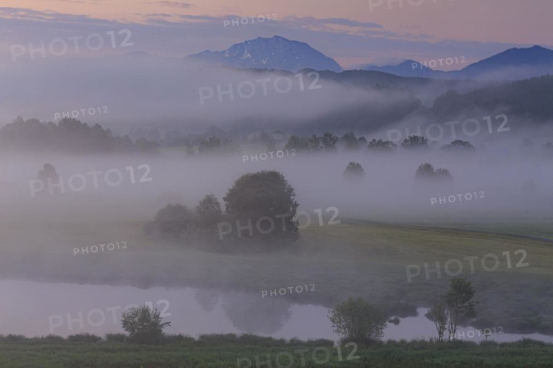 Morning fog in front of a mountain landscape, view of Benediktenwand, Alpine foothills, Bavaria, Germany, Europe