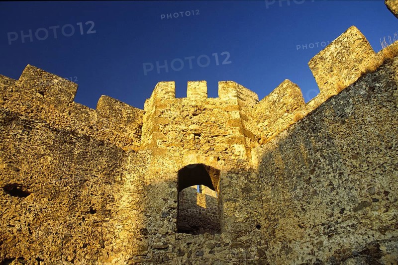 Scan, interior, corner tower, battlements, dark blue cloudless sky, Frangokastello, Venetian fortress, fortress castle, Sfakia, West Crete, south coast, island of Crete, Greece, Europe