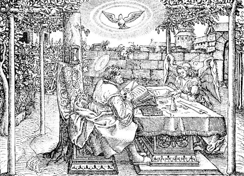 First illustration from Luther's 1534 translation of the New Testament, Evangelist with halo, magnificent garden, outdoors, table with tools, Bibles, angels, castle in the background, sunbeams, light, historical illustration 1883