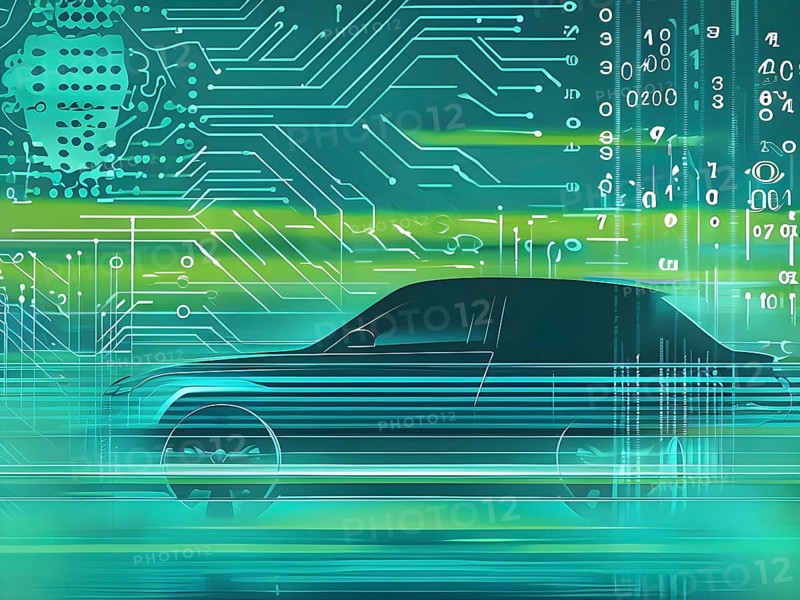 Sport car silhouette with vibrant green dynamic lines showing motion, surrounded by data streams, AI generated