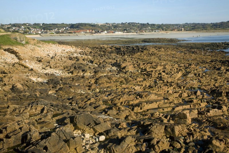 Rocky wave cut platform, Vazon Bay, Guernsey, Channel Islands, Europe