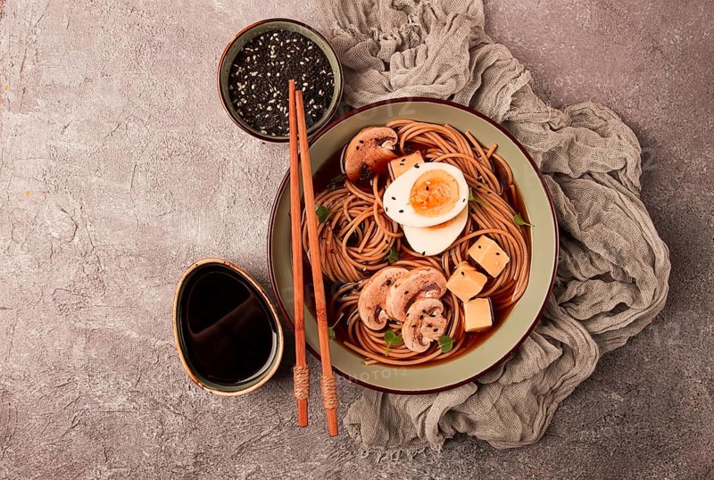 Asian soba soup, with mushrooms and egg, cheese, sesame seeds, homemade, no people
