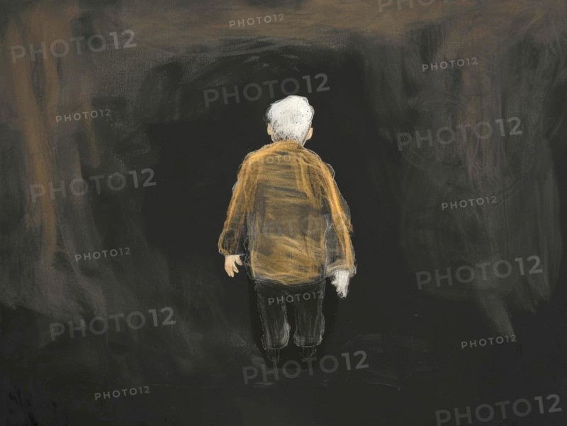 A chalk drawing, illustration of an elderly person looking into the darkness, symbolic image for loneliness, depression in old age, grief, life crisis, psychology, AI generated, AI generated, AI generated