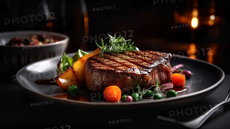 Fresh succulent top sirloin steak with sauteed vegetables on the flame grill, generative AI.- generative AI, AI generated