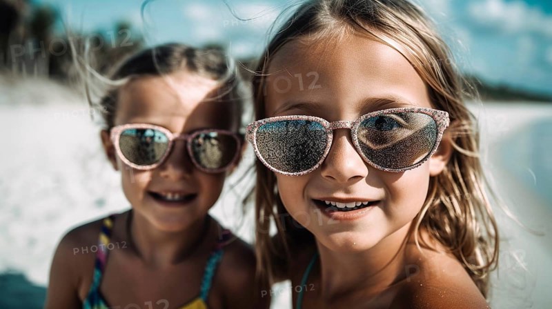 Two young girlfriends posing wearing sunglasses having fun on the beach, generatvie AI, AI generated
