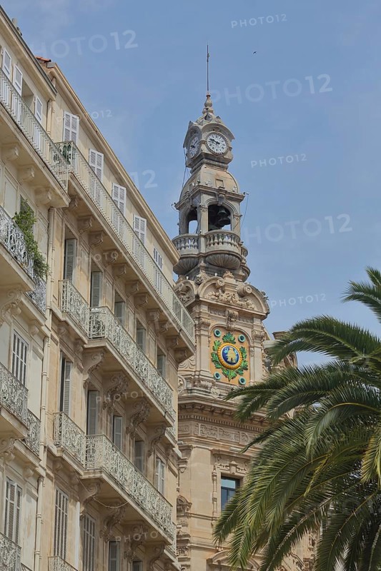 Villa with clock tower, medallion and balcony railing, house, Rue Racine, Place Victor Hugo, Toulon, Var, Provence, France, Europe