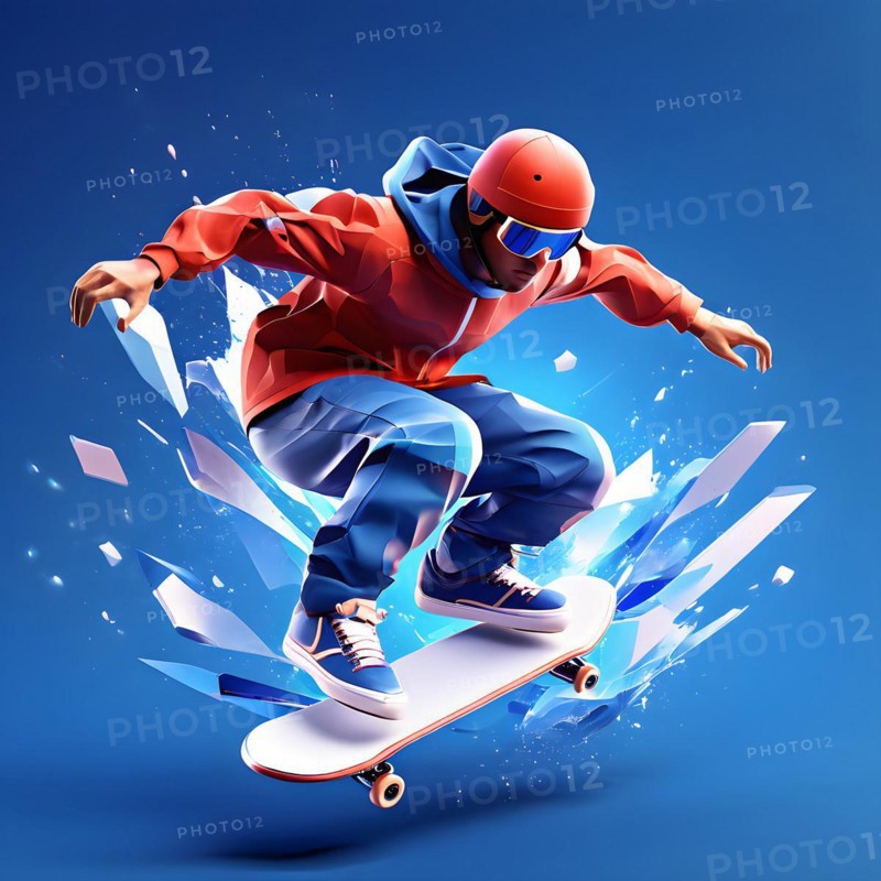 Olympic 2024 skateboarder mid air dynamic jump morphing into fluid abstract shapes, AI generated