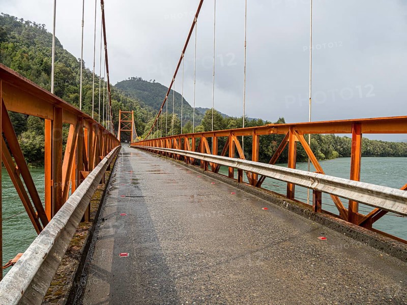 Suspension bridge Puente Exequiel Gonzalez over river Rio Palena, Carretera Austral, Patagonia, Chile, South America