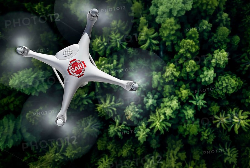 Quadcopter UAV search and rescue SAR drone flying A search above A thick forest, AI generated