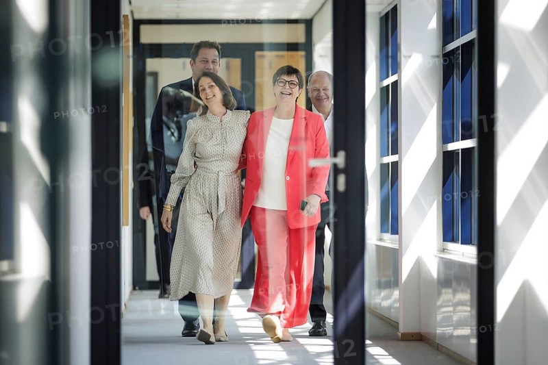 Lars Klingbeil, SPD party chairman, Katarina Barley, SPD lead candidate for the 2024 European elections, Saskia Esken, federal chairwoman of the SPD, and Olaf Scholz (SPD), Federal Chancellor, arrive at the meeting of the SPD Presidium after the European elections at Willy Brandt House in Berlin, 10 June 2024