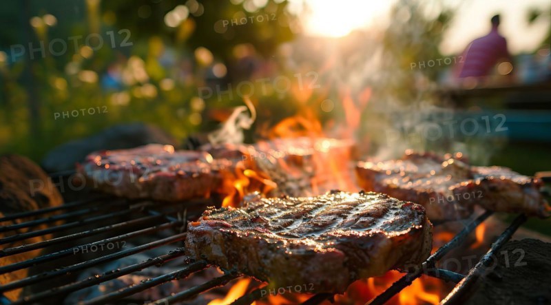 Barbecue BBQ family picnic party on the beach with skewers of meat and meat steaks over charcoal, AI generated