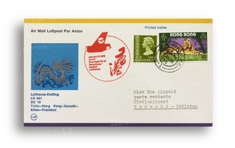 First flight letter, first flight cover, Lufthansa first flight LH641 with DC-10 from Tokyo, Japan, via Hong Kong, Karachi, Pakistan, Athens, Greece to Frankfurt, Germany on 12.01.1975, Asia
