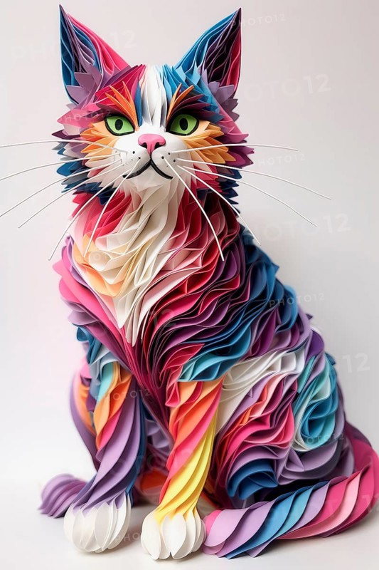 Imaginary cat in fantasy multicolored paper style, AI Generated
