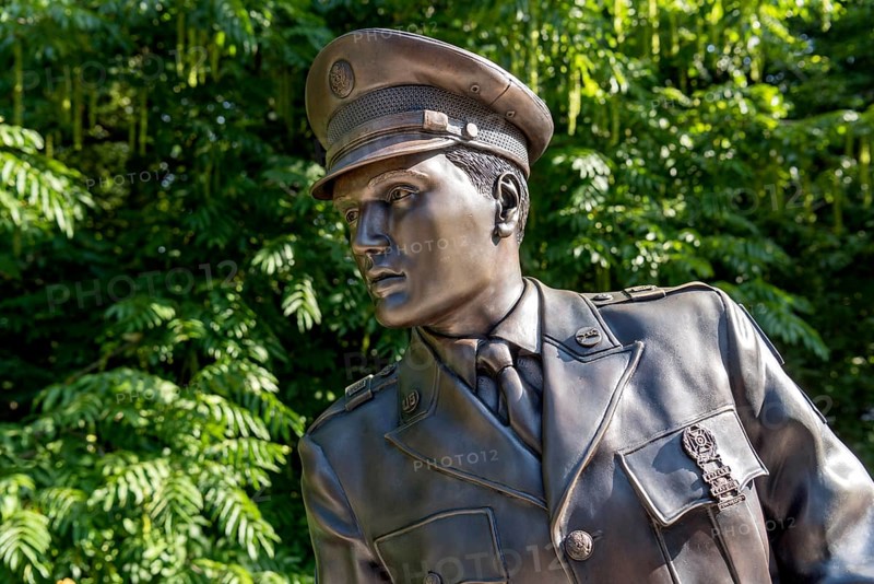 Bronze statue, monument to rock singer Elvis Presley, King of Rock 'n' Roll in uniform of the 3rd US Armoured Division Spearhead, bridge over the Usa River, Usa Bridge, spa garden, Bad Nauheim, Wetterau, Hesse, Germany, Europe