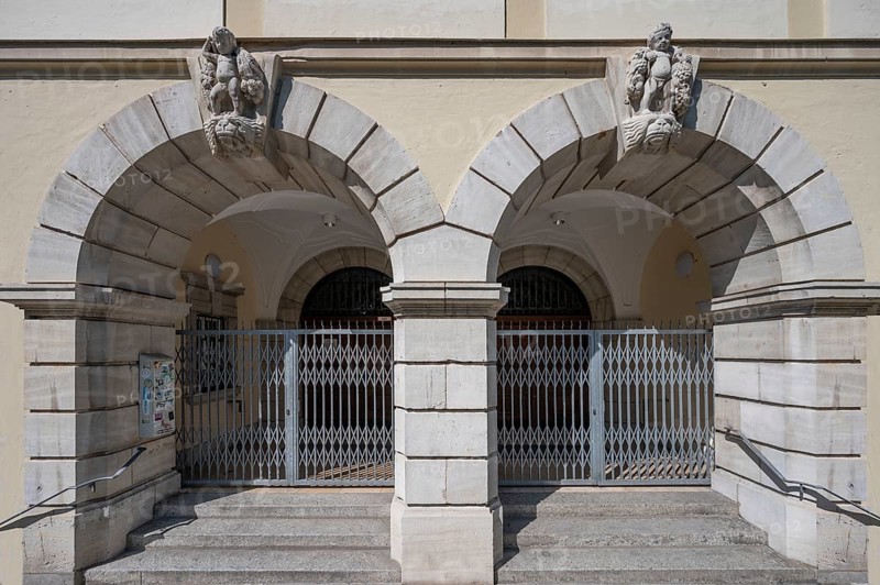 Main entrance with two archways of the Dürer-Gymnasiumm, built in 1833 under King Ludwig I, Sielstr. 17, Nuremberg, Middle Franconia, Bavaria, Germany, Europe