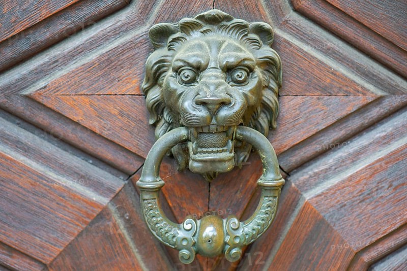 Lion's head as a door knocker at an entrance gate, Bamberg, Upper Franconia, Bavaria, Germany, Europe