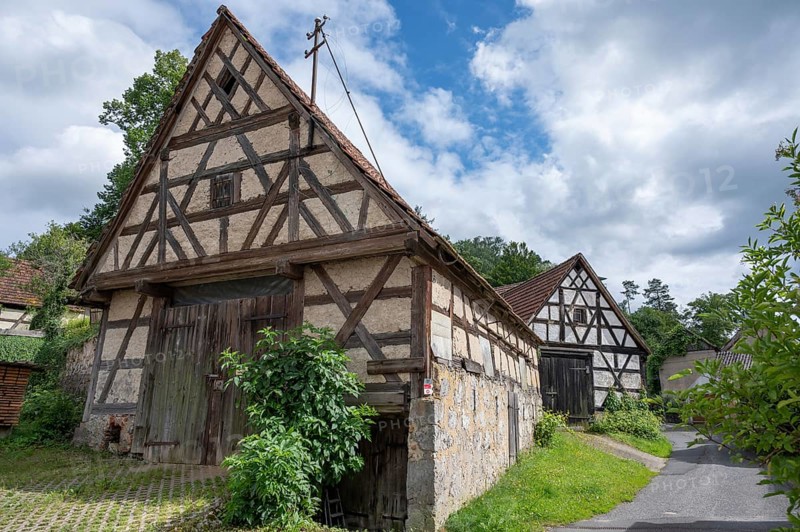 Historic half-timbered barns, Betzenstein, Upper Franconia, Bavaria, Germany, Europe