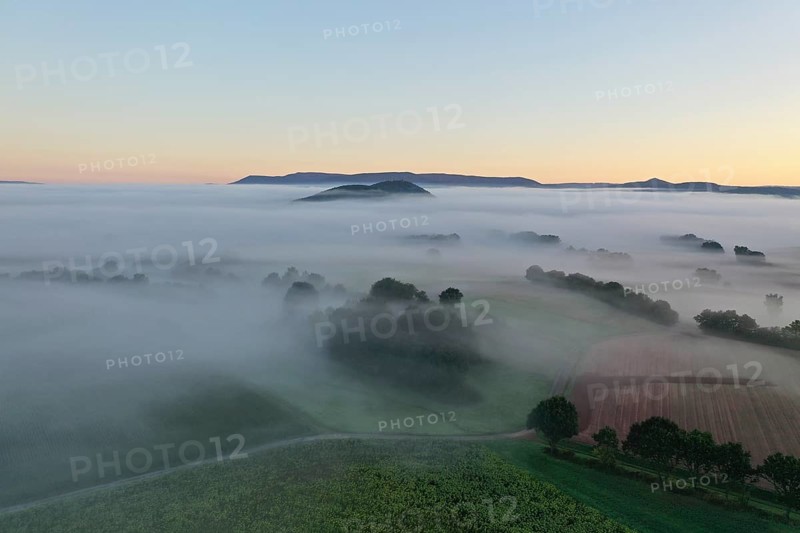 Morning fog over the Werra valley, from the Schlierbachsattel, Oberdünzenbach near Eschwege, Werra-Meißner district, Werra valley, North Hesse, Hesse, Germany, Europe