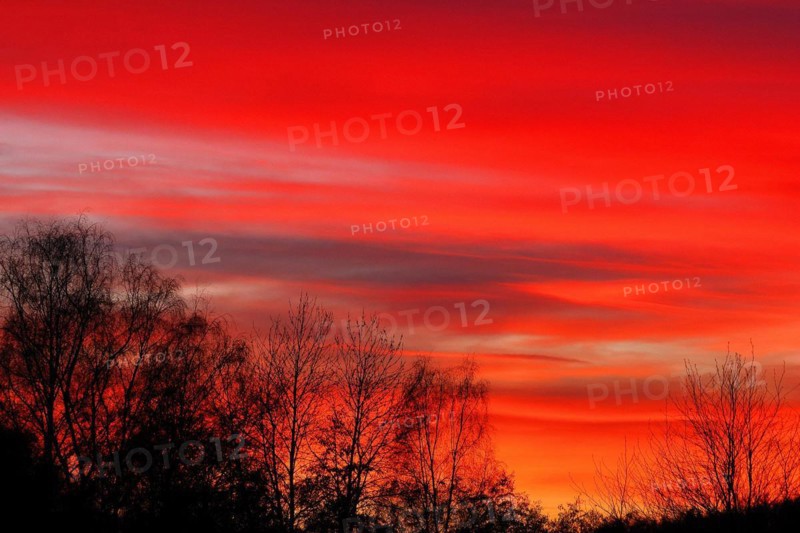 Sunset, red sky, burning sky, silhouette, Rothaargebirge, North Rhine-Westphalia, Germany, Europe