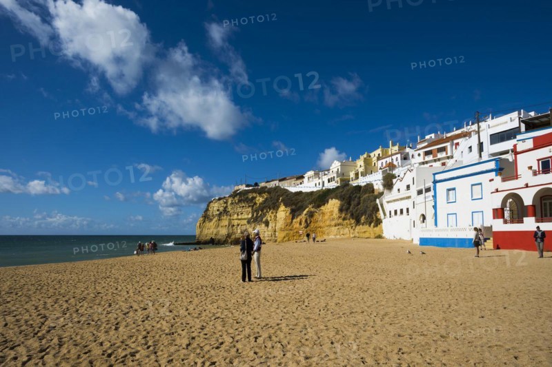 Beach and colourful houses, Carvoeiro, Algarve, Portugal, Europe
