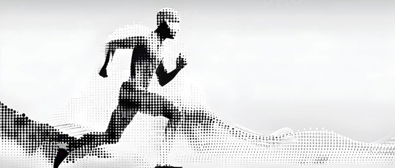 Wave of data points shaping into a runners silhouette, abstract illustration in black and white, conveying speed and precision guided by AI, AI generated