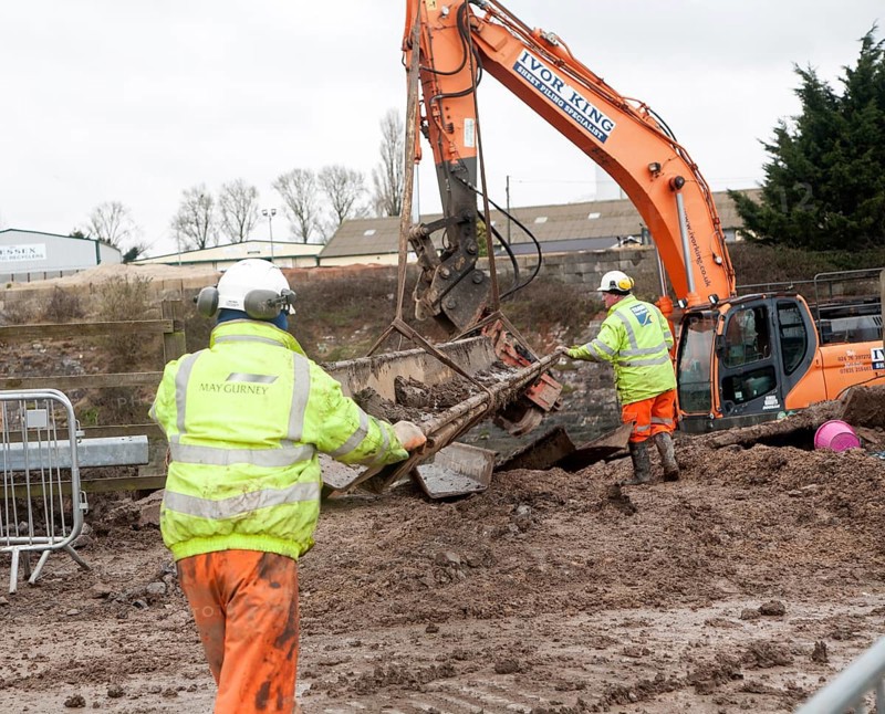 Engineering work on flood defences on the King's Sedgemoor Drain river at Dunball, near Bridgwater, Somerset, England, February 2013