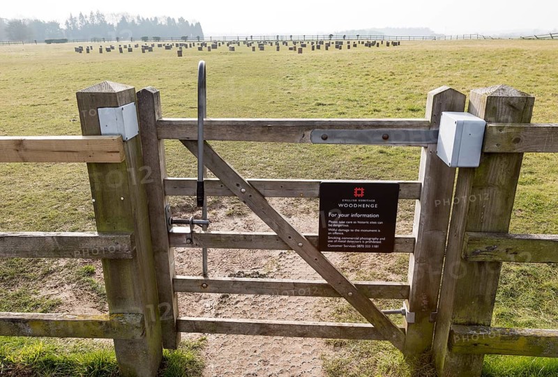 Entrance gate to Woodhenge neolithic prehistoric henge site, near Amesbury, Wiltshire, England, UK
