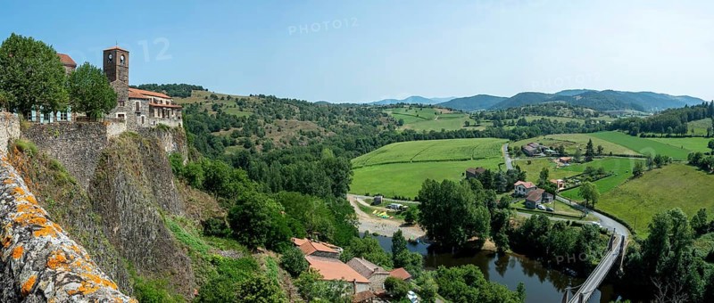 Chilhac village overlooking on a sunny day the Haut-Allier valley in Haute-Loire, Auvergne-Rhône-Alpes, France, Europe