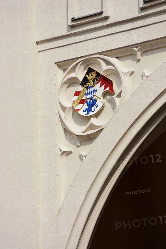Europe, Germany, Bavaria, City of Munich, City Centre, Stachus-Karlsplatz, Karlstor, View into Neuhauser Straße, Coat of arms, Europe