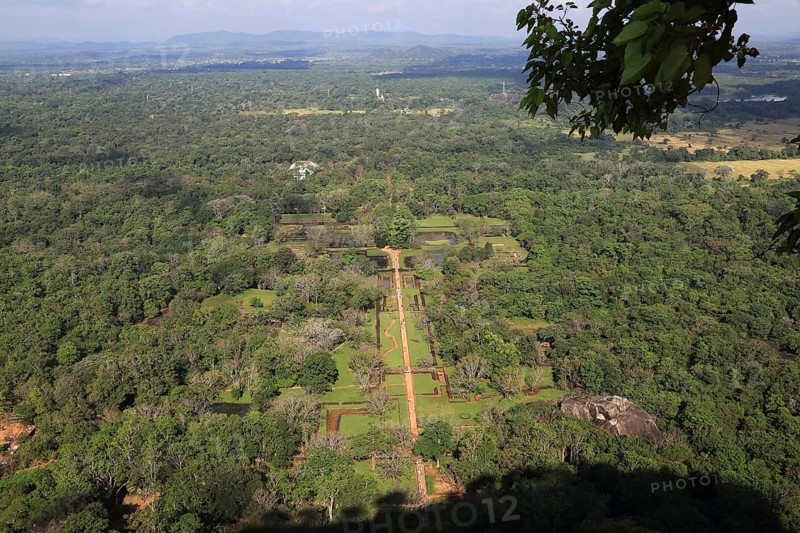 View of water gardens from rock palace fort, Sigiriya, Central Province, Sri Lanka, Asia
