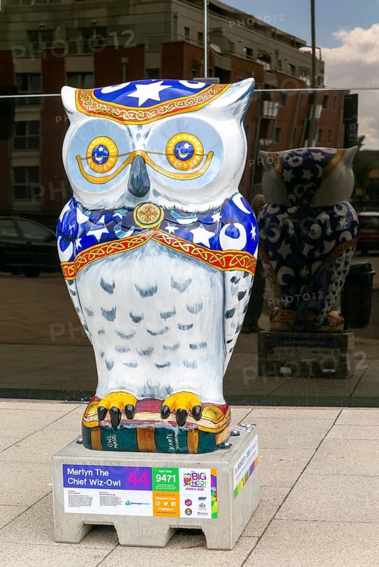 Big Hoot 2022, art trail event large painted owl sculpture in town centre, Ipswich, Suffolk, England, UK