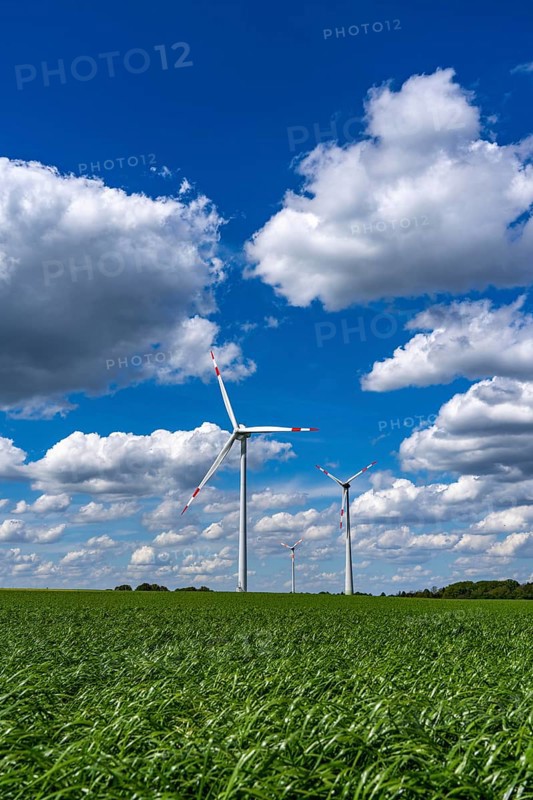 Wind farm, wind turbine, wind turbines from the manufacturer Enercon, blue sky with many white clouds, between Schermbeck and Dorsten, country road, Bestener Straße, North Rhine-Westphalia, Germany, Europe