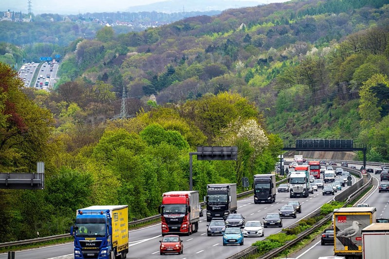 Motorway A1 near Wetter, junction Volmarstein, view to the northeast, in the back left the junction Hagen-West North Rhine-Westphalia, Germany, Europe