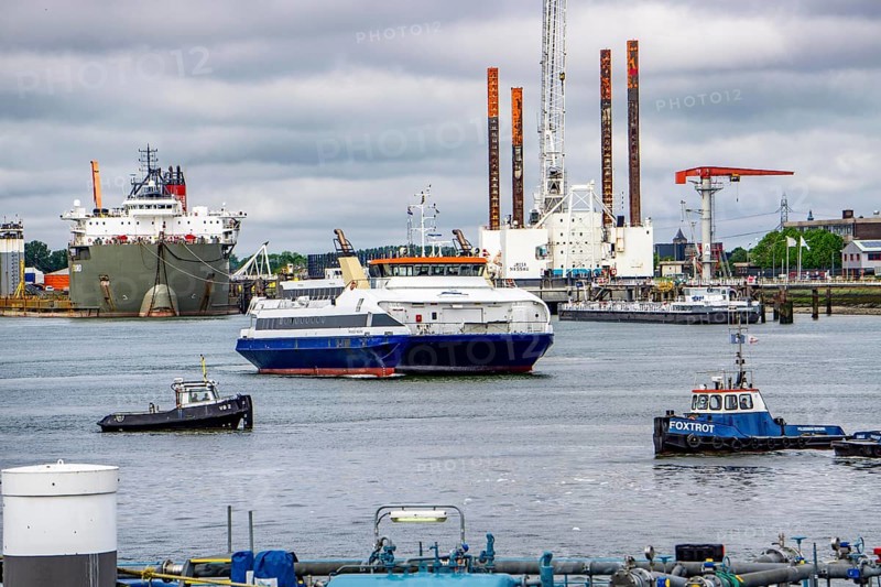 The jack-up platform, JB119, work platform, e.g. for the construction of offshore wind farms, heavy-duty transport vessel Fjord, Westernschelde Ferry, in the harbour of Vlissingen, Zeeland, Netherlands