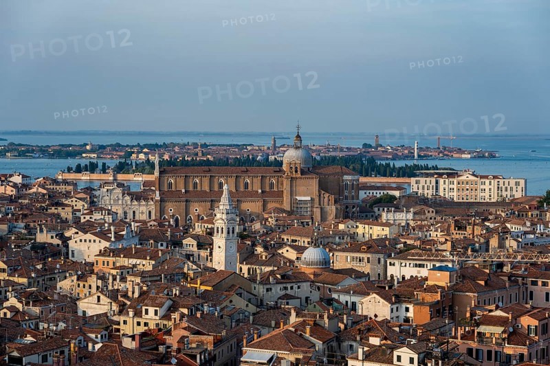View over the roofs of Venice to the church Basilica dei Santi Giovanni e Paolo in the evening light, view from the bell tower Campanile di San Marco, city view of Venice, Veneto, Italy, Europe