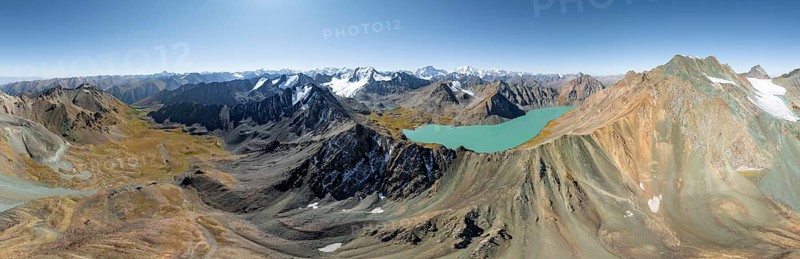 Mountain panorama, aerial view, 4000 metre peak with glacier, mountain pass and mountain lake Ala-Kul Lake, Tien Shan, Kyrgyzstan, Asia