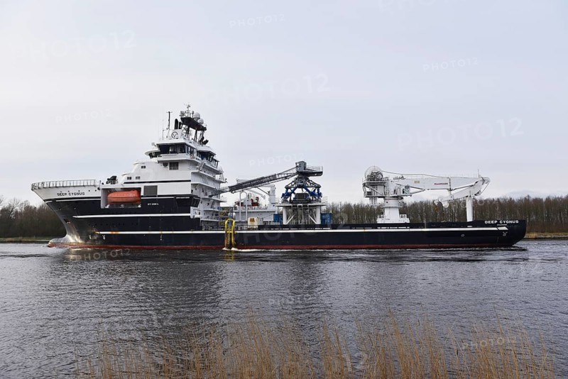 Offshore wind farm supply ship Deep Cygnus in the Kiel Canal, Schleswig-Holstein, Germany, Europe