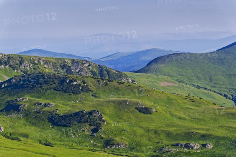 View of the mountains of the Transylvanian Alps in the southern Carpathians from a height in the Malaia region. Transalpina High Road, Malaia, Valcea, Transylvania, Romania, South-East Europe, Europe