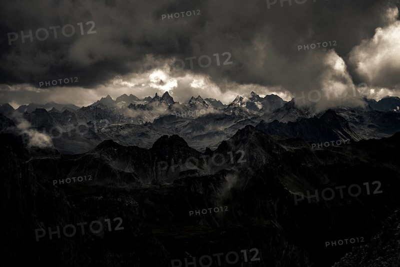 Montafon mountains with dramatic cloudy sky, Tschagguns, Rätikon, Montafon, Vorarlberg, Austria, Europe