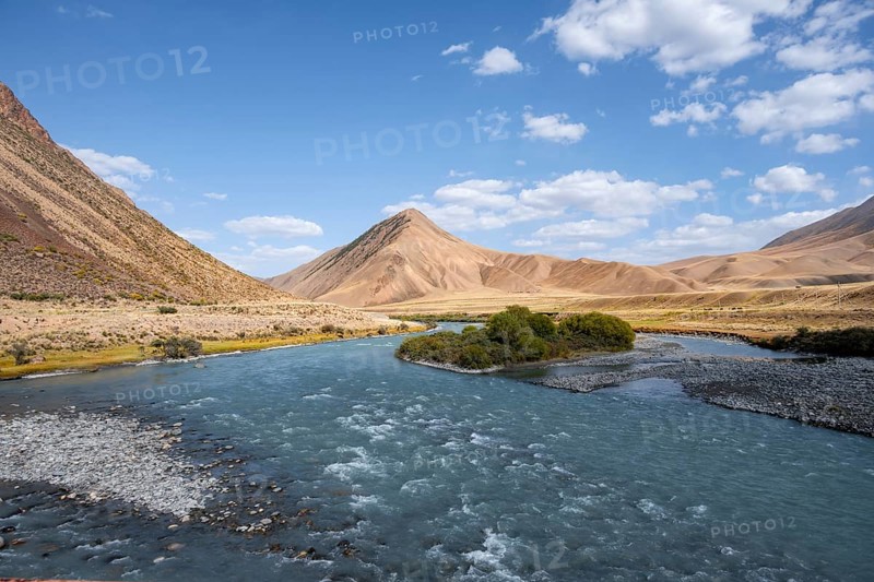 Burkhan valley with blue river, mountain landscape with golden meadows, Terskey Ala-Too, Tien Shan, Issyk Kul province, Kyrgyzstan, Asia